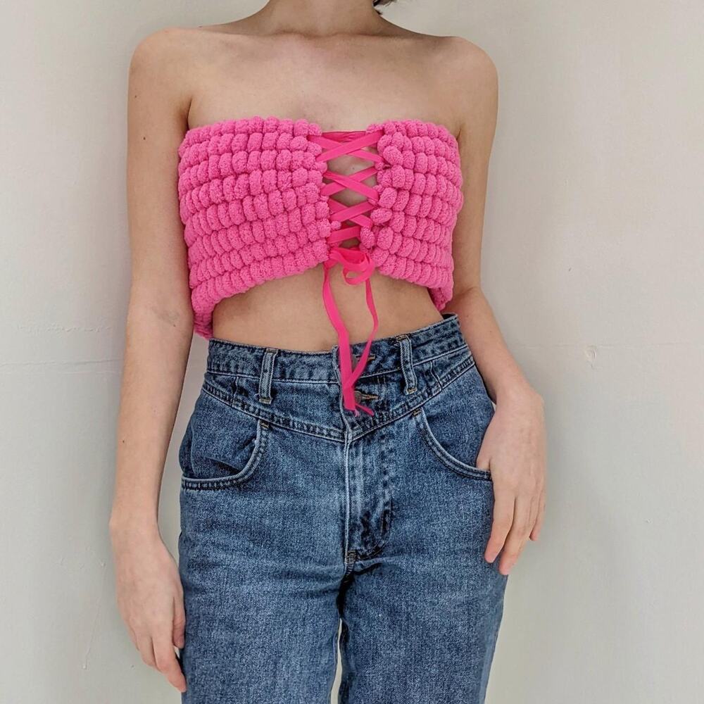 Handmade Pink Barbie Balletcore Coquette Knit Cotton Candy Puff Top M